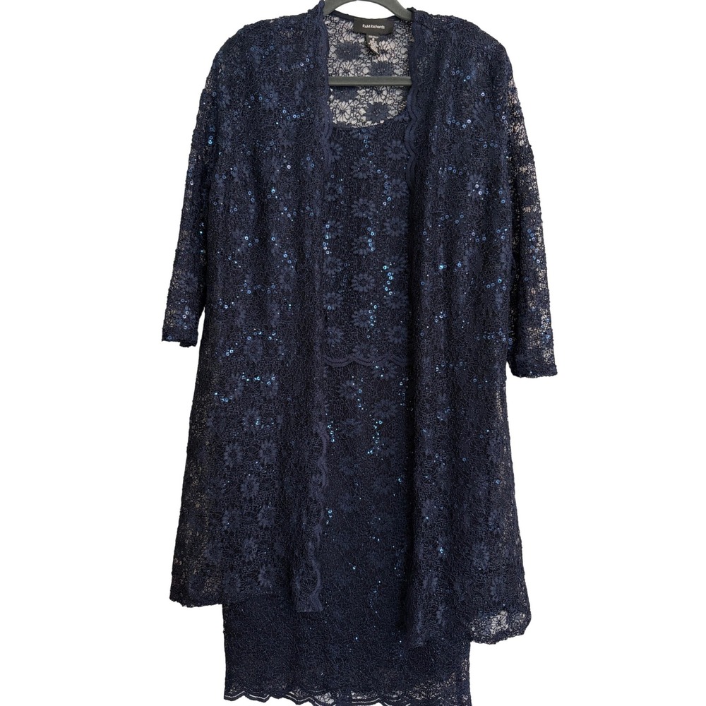 R&M Richards Navy Blue Lace Sequin Dress & Jacket Set Formal Size 8‎ cocktail